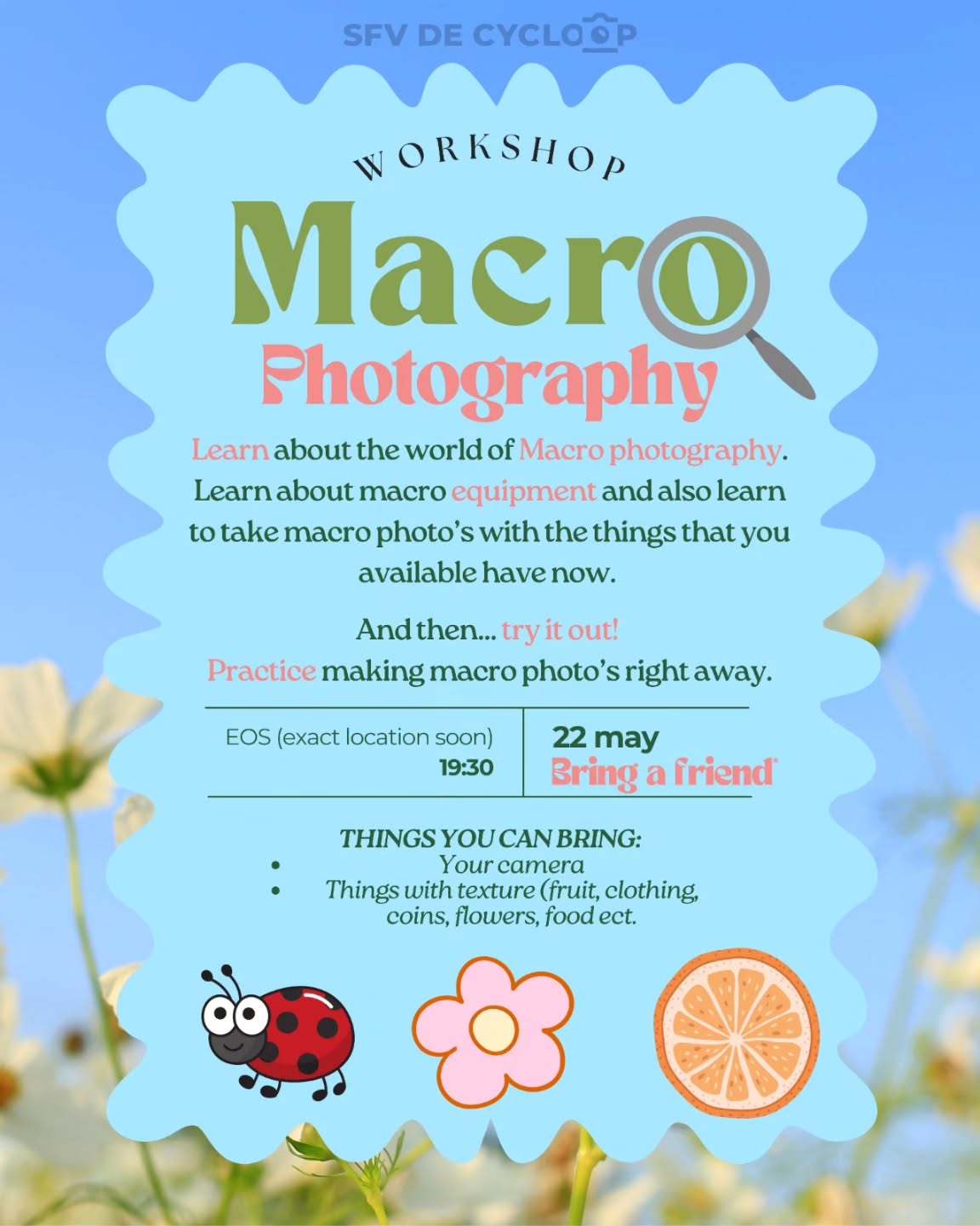 Deze week hebben wij weer een super leuke workshop voor jullie!! Waardeer jij de kleine dingen in het leven? Leer ze nu ook fotograferen!
Gratis voor leden, 3 euro voor niet-leden.
---
This week we have another amazing workshop for you guys!! Do you appreciate the small things in life? Learn to photograph them too!
Free for members, 3 euros for non-members.