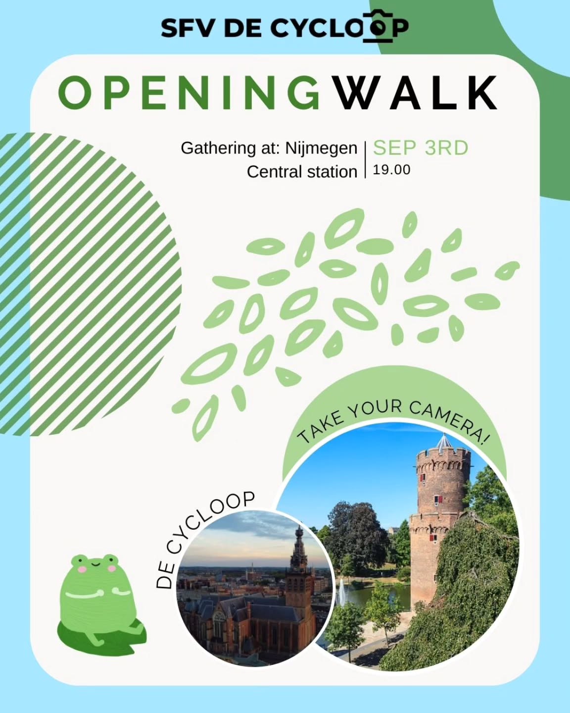 De openingswandeling is open voor iedereen en 100% gratis! Als je een camera hebt, neem deze vooral mee, maar voel je niet tegengehouden om mee te wandelen als je er geen hebt!
Dit is de perfecte activiteit om kennis te maken met de Cycloop en haar leden!
We verzamelen om 19:00 op Nijmegen centraal station en vertrekken om 19:10 richting Kronenburgerpark. Als je eerder weg moet of maar kort mee kan is dit uiteraard geen probleem.
Je hoeft je niet in te schrijven.
---
The opening walk is open to everyone and 100% free! If you have a camera, please bring it, but don't feel discouraged from joining the walk if you don't have one!
This is the perfect activity to get to know de Cycloop and her members!
We'll meet at Nijmegen Central Station at 7:00 PM and leave for Kronenburgerpark at 7:10 PM. If you need to leave earlier or can only join for a short time, that's no problem.
No sign up required