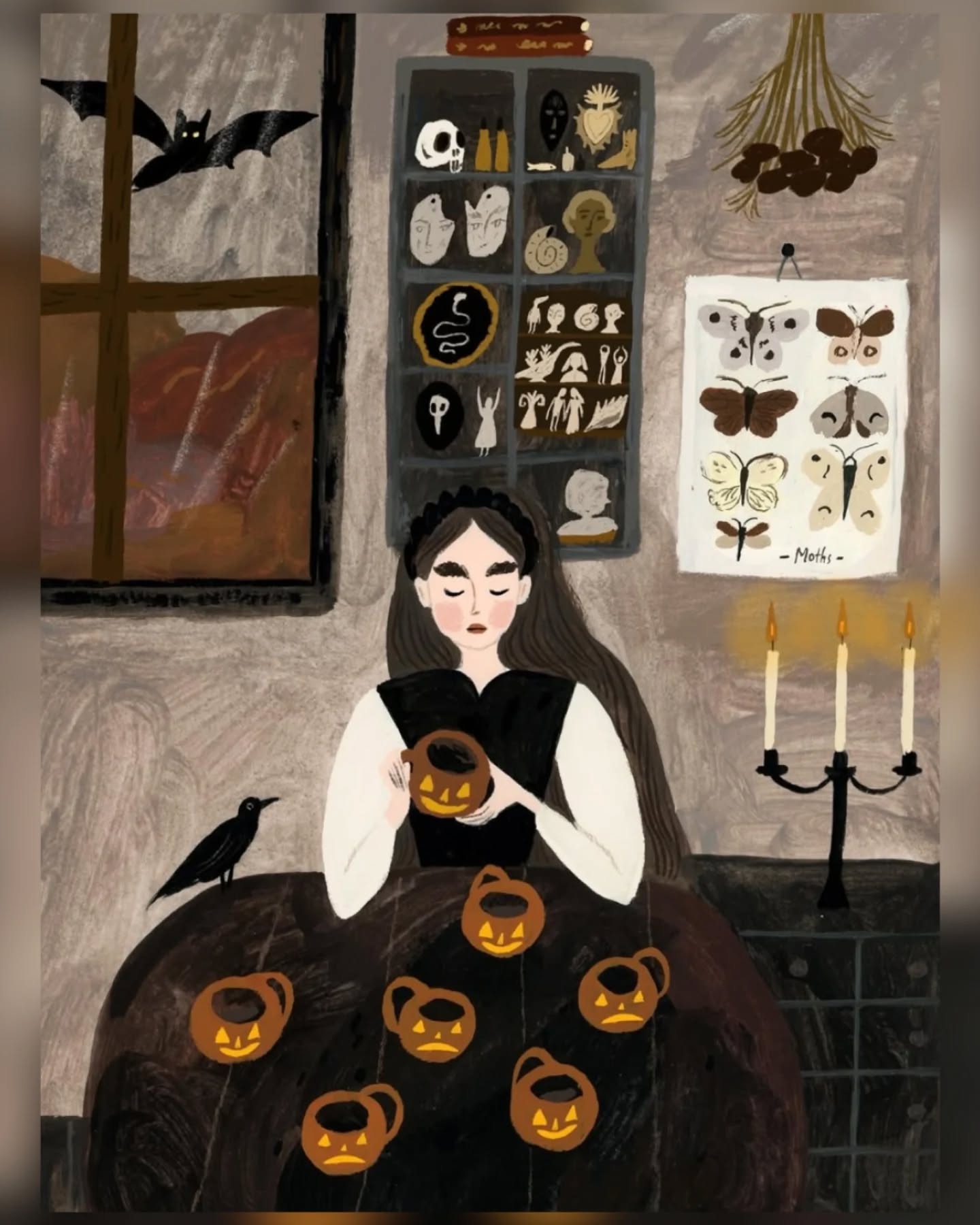 Today we are welcoming the darkness at Samhain/Halloween…
Traditionally, in Celtic and other communities, this evening would mark the transition between the lighter half of the year and the darker half.
Transitions and womanhood feel synonymous, as we travel through life, with the rhythms of our bodies. I wonder if we feel the transitions of the natural world more keenly because of this...
Some believe that at this time of year the division between this world and the 'otherworld' is at its thinnest, allowing spirits to pass through.
Ancestors are honoured and invited home, while harmful spirits are warded off. People wear costumes and masks, disguising themselves as harmful spirits, to ward off unwanted attention from the actual spirits.
Image from the wonderfully talented @tijanadraws