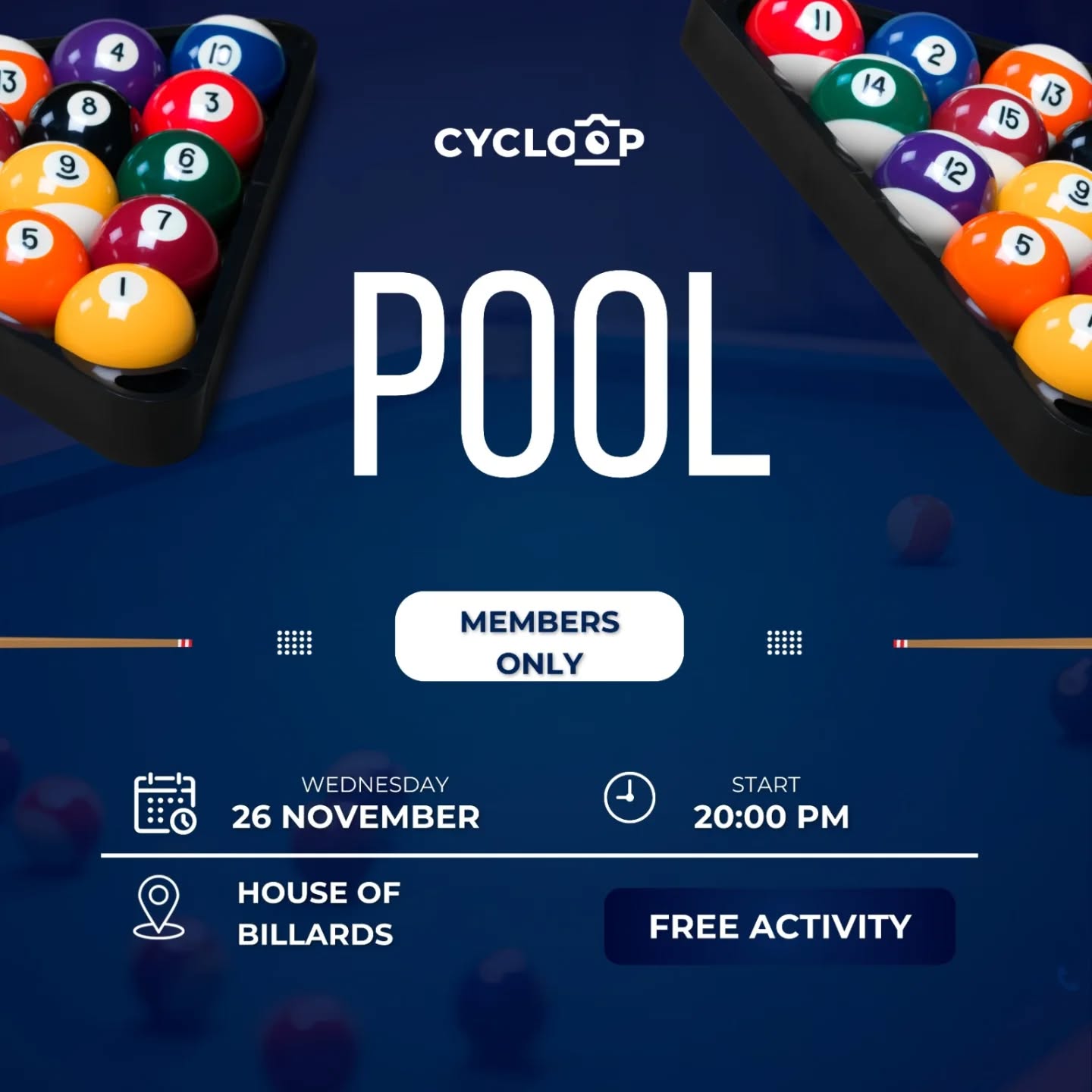 Laat je keu-kunsten zien en doe mee met een poolavond bij House of Billards op 26 november.
We beginnen om 20:00.
Dit is een gratis activiteit alleen voor leden.
Ben je nog geen lid? Aarzel dan niet om je vóór 26 november aan te melden als cycloop lid en kom naar de poolavond 😉
_____________________________________________
Show off your cue skills and join us for a pool evening at House of Billards on 26 november.
We start at 20:00
This is a free activity for members only
If you're not a member yet don't hesitate to become a member before 26th of november en come join us at the pool evening 😉
