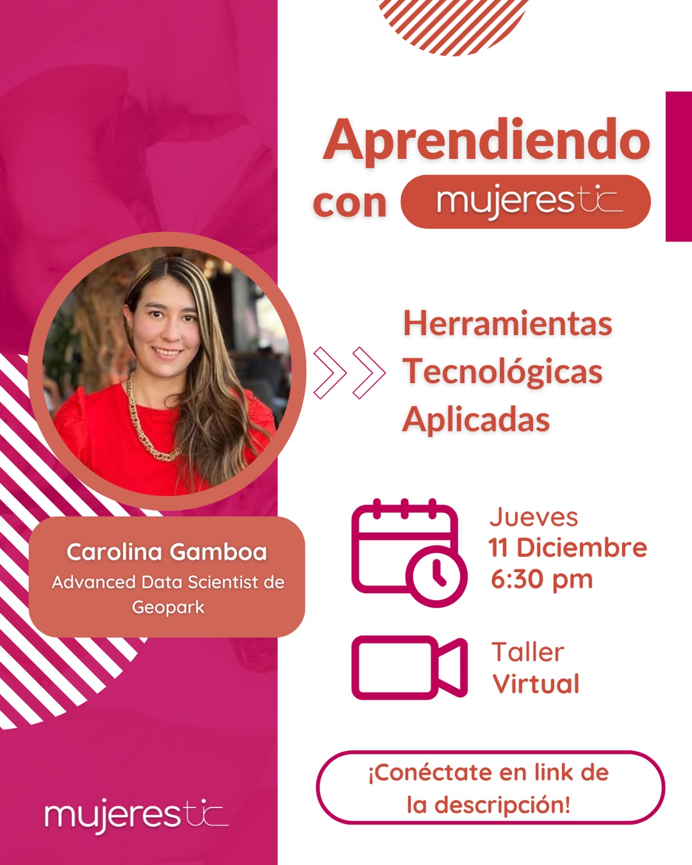 📌 Cerramos el año aprendiendo juntas.
Este jueves 11 de diciembre a las 6:30 p.m. acompáñanos en el último Aprendiendo con Mujeres TIC del 2025, donde Carolina Gamboa —Advanced Data Scientist en Geopark— compartirá herramientas tecnológicas aplicadas para potenciar nuestro trabajo y proyectos.
💻 Evento virtual.
🔗 El enlace de conexión se compartirá ese mismo día.