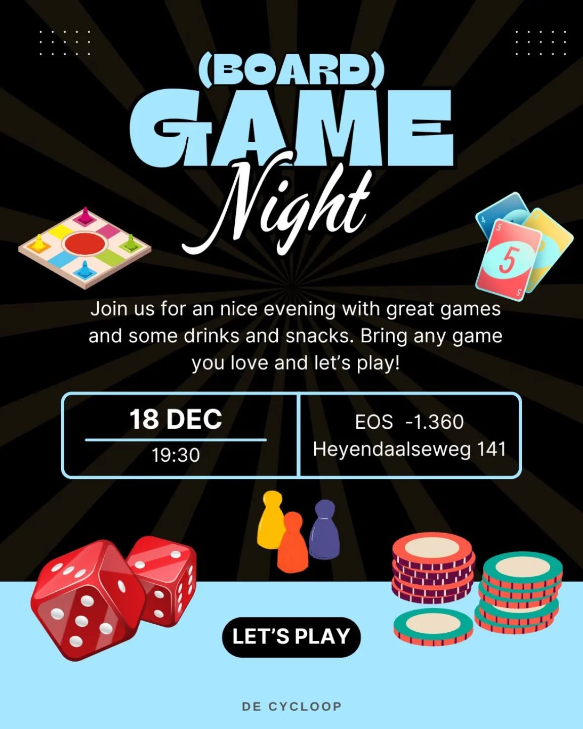 Wil je wat plezier maken terwijl het buiten koud en donker is? Kom dan naar de Spelletjesavond op 18 december om 19:30 uur. Neem je favoriete spel mee, of het nu een bordspel, kaartspel of iets anders is. Er zal ook snacks en videogames zijn. 🎲👾🃏
---
You want to have some fun while ist cold at dark oustide? Then join us at the Game Night on the 18th of December at 19:30. Bring your favourite Game be in Board-, Card- or otherwise.There will be snacks and video gamea.🎲👾🃏