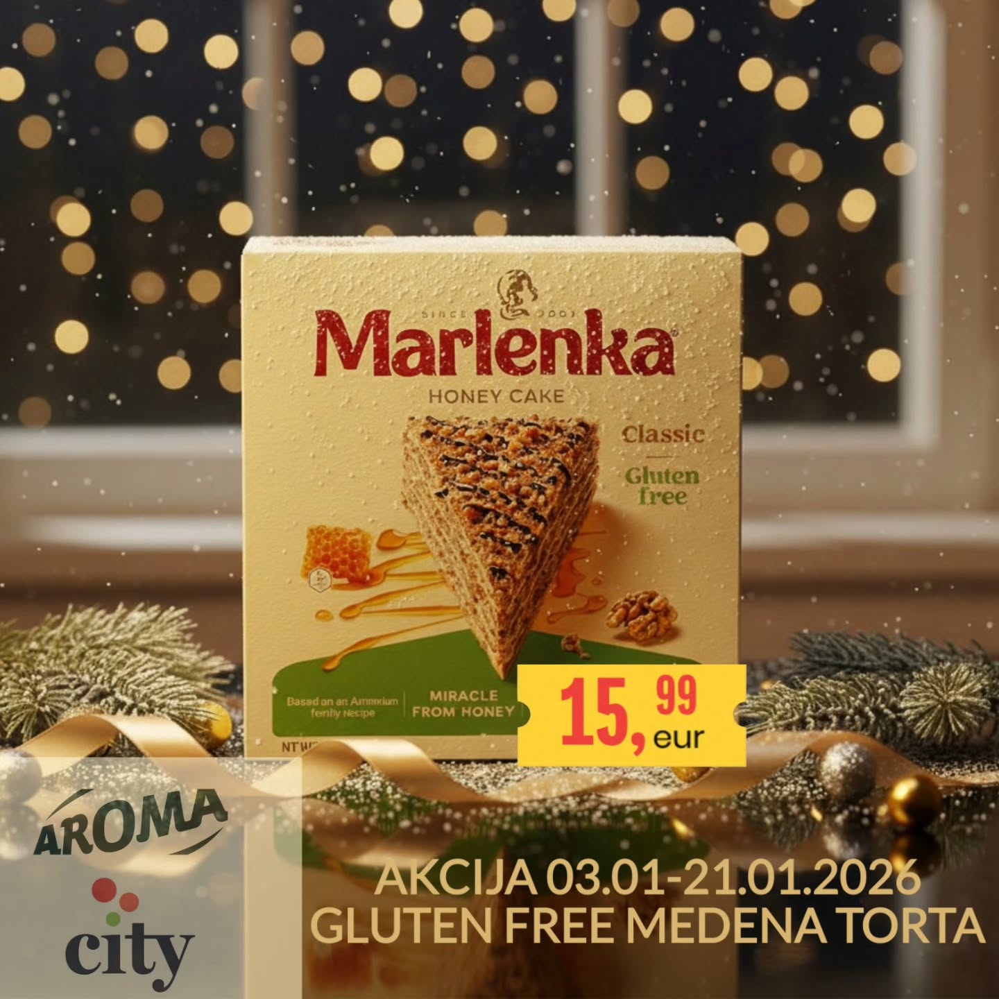 U danima kada se domovi pune mirom,a stolovi okupljaju porodicu 💚 Mislimo i na vas koji živite sa celijakijom. Na vas koji pazite, ali ne odustajete od ukusa.Marlenka Gluten Free medena torta 800g donosi toplinu meda, tradiciju i sigurnost, da praznici, Božić i prvi dani nove godine budu jednako slatki za sve. 🍯✨🐝
📍 Aroma & City marketi
📅 Akcija 03.01 – 21.01.2026
Neka mir uđe u dom,
a slatko ostane bez brige 💚